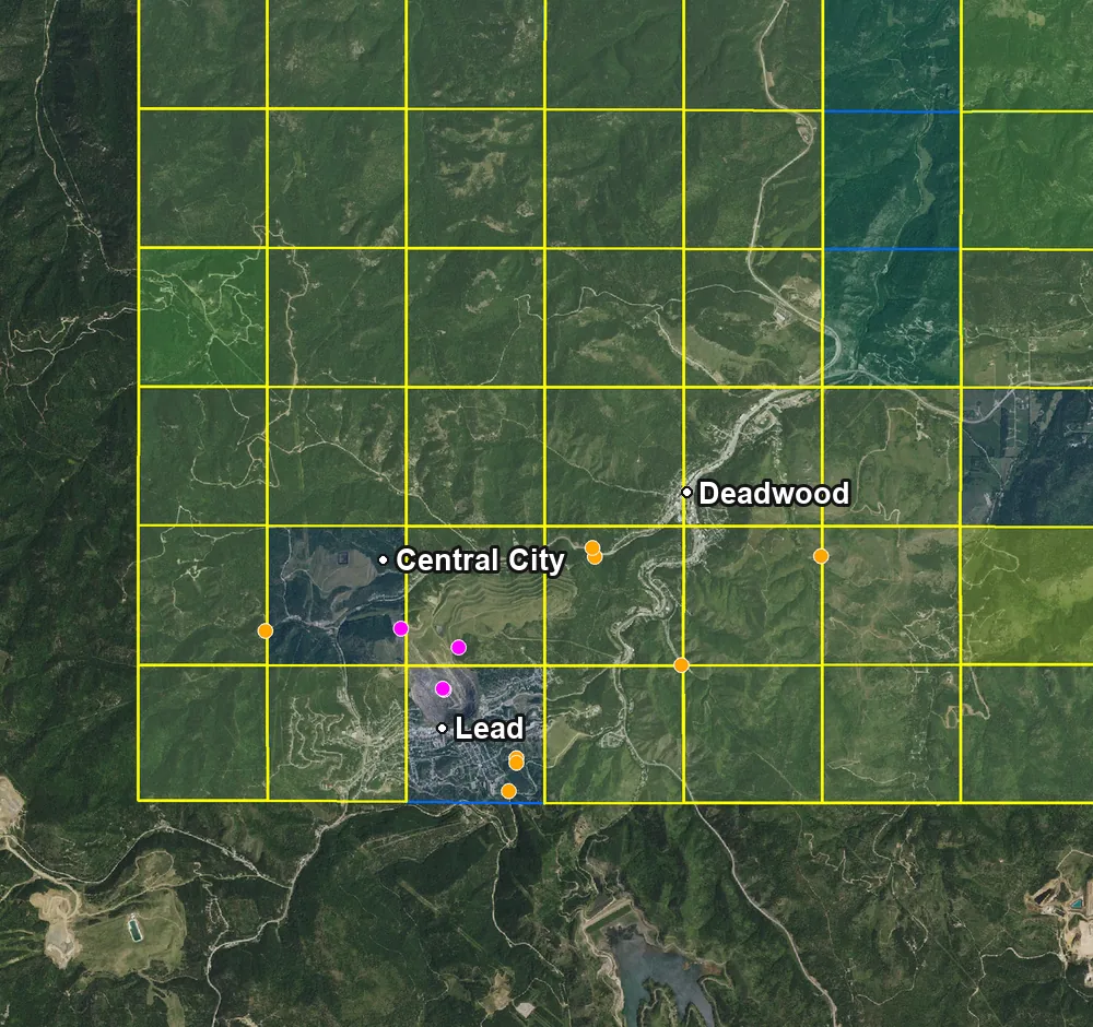 Free sample map: gold claim boxes around Lead and Deadwood, South Dakota